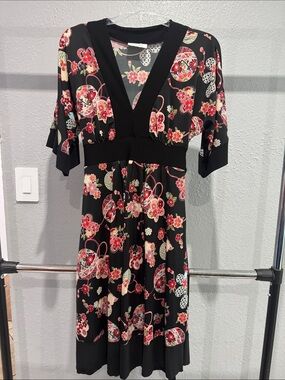 Chesley Black Floral Wrap Midi Dress with Pink & Cream Blooms